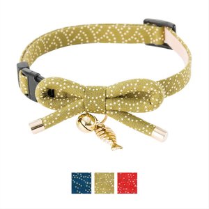 Necoichi Zen Gold Fish Charm Cotton Breakaway Cat Collar with Bell, Green, 8.2 to 13.7-in neck, 2/5-in wide