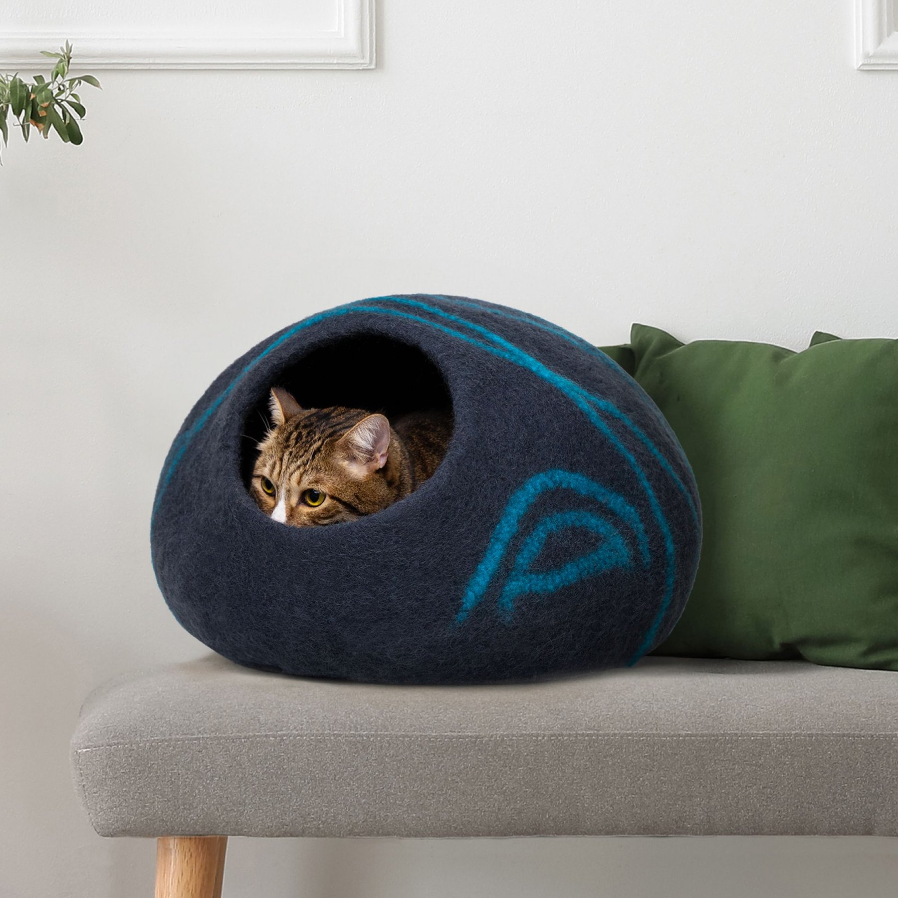 MEOWFIA Premium Felt Cat Cave Bed Medium Black Aqua Chewy