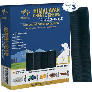 Pawfect Dentamust Himalayan Cheese Chews Medium All Natural High-Protein Grain-Free with Blueberry Blue Sipirulina Papaya Clove Extract & Cinnamon Extract Dental Dog Treats, 3 count