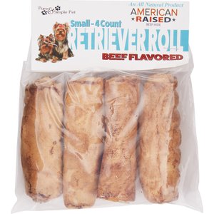Pure & Simple Pet Beef Flavored Rawhide Retriever Roll Dog Treat, Small, 4 count