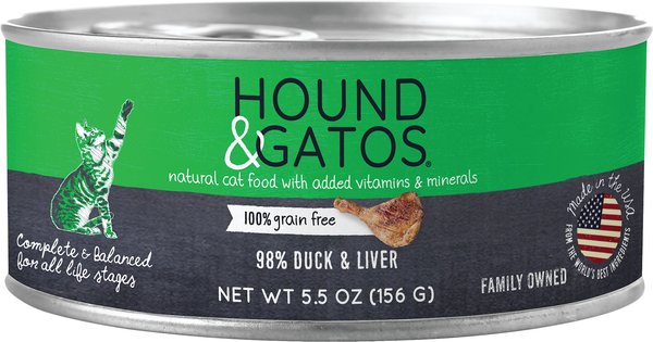 Hound & Gatos 98% Duck & Liver Formula Grain-Free Canned Cat Food, 5.5-oz, case of 24 slide 1 of 7