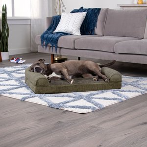 FurHaven Faux Fur Orthopedic Bolster Dog Bed with Removable Cover, Dark Sage, Large