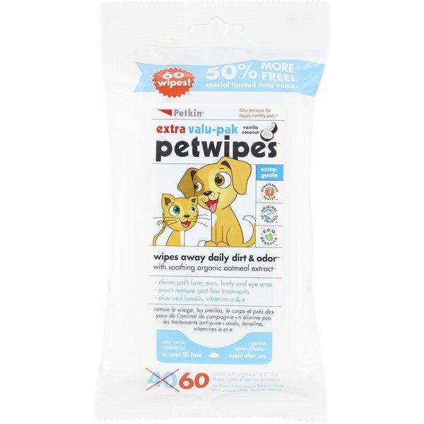 PETKIN Petwipes Vanilla & Coconut ValuPak Dog & Cat Wipes, 60 count