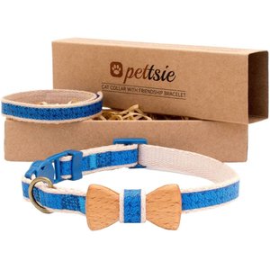 Pettsie Bow Tie Cotton Breakaway Cat Collar with Friendship Bracelet, Blue, 8 to 11-in neck, 3/8-in wide