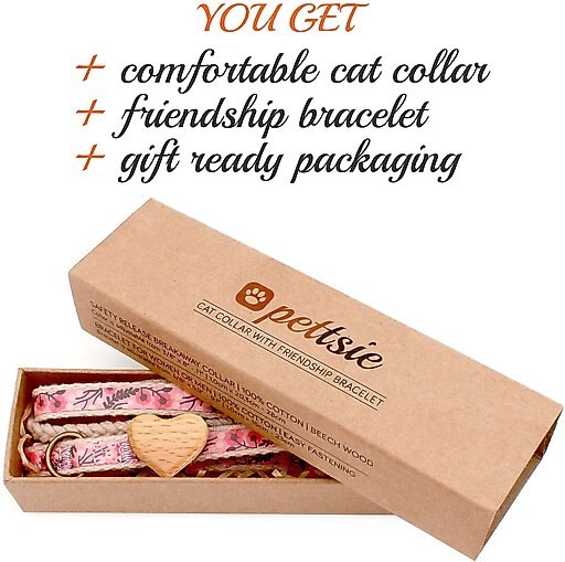 Pettsie Heart Cotton Breakaway Cat Collar with Friendship Bracelet, Pink, 8 to 11-in neck, 3/8-in wide