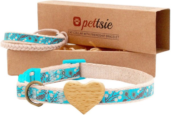 Pettsie Heart Cotton Breakaway Cat Collar with Friendship Bracelet, Turquoise, 8 to 11-in neck, 3/8-in wide slide 1 of 7