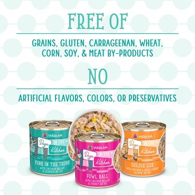 Show full view: Weruva Dogs in the Kitchen Chicken, Turkey & Salmon Variety Pack Grain-Free Shredded Wet Dog Food, 10-oz can, case of 12 slide 5 of 10