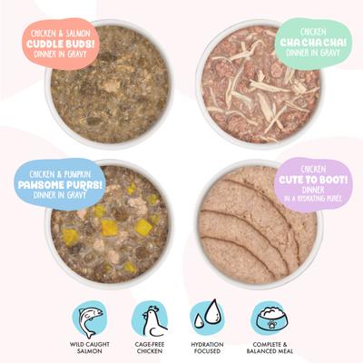 Show full view: BFF Kitten Softly Chicken, Tuna & Salmon Variety Pack Grain-Free Shredded Wet Cat Food, 2.8-oz can, case of 12 slide 4 of 9