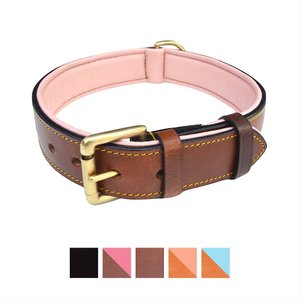 Soft Touch Collars Leather Two-Tone Padded Dog Collar, Brown Pink, Large 