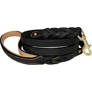 Soft Touch Collars Leather Braided Two-Tone Handle Dog Leash, Black, 6-ft, 3/4-in