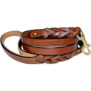 Soft Touch Collars Leather Braided Two-Tone Handle Dog Leash, Brown, 4-ft, 1/2-in