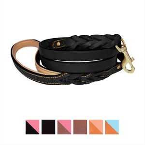 Soft Touch Collars Leather Braided Two-Tone Handle Dog Leash, Black, 4-ft, 1/2-in