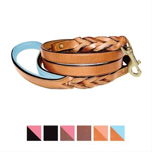 Soft Touch Collars Leather Braided Two-Tone Handle Dog Leash, Tan Teal, 4-ft, 1/2-in