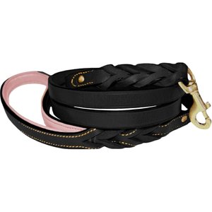 Soft Touch Collars Leather Braided Two-Tone Handle Dog Leash, Black Pink, 4-ft, 1/2-in