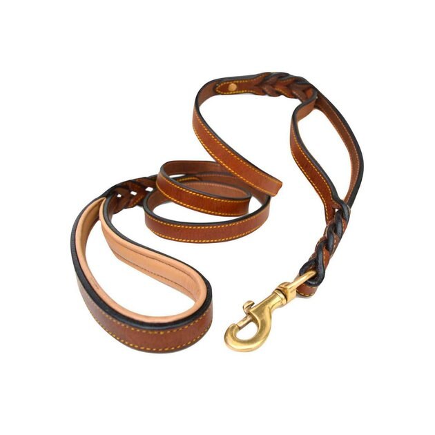 SOFT TOUCH COLLARS Leather Braided Traffic Handle Dog Leash, Brown, 6