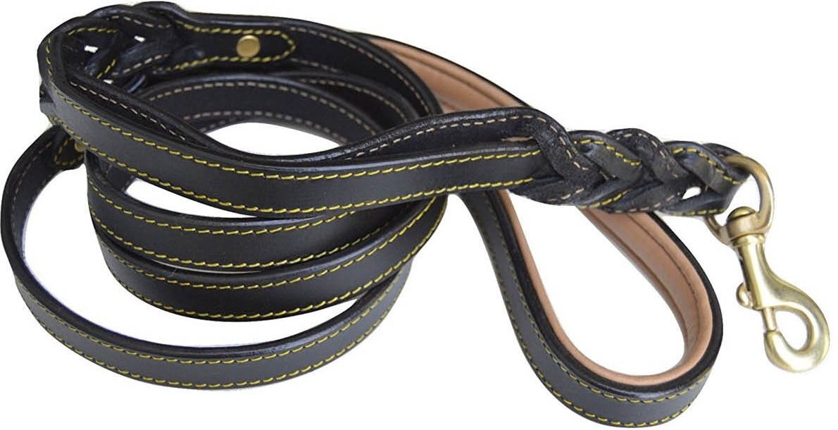 SOFT TOUCH COLLARS Leather Braided Traffic Handle Dog Leash, Black, 6