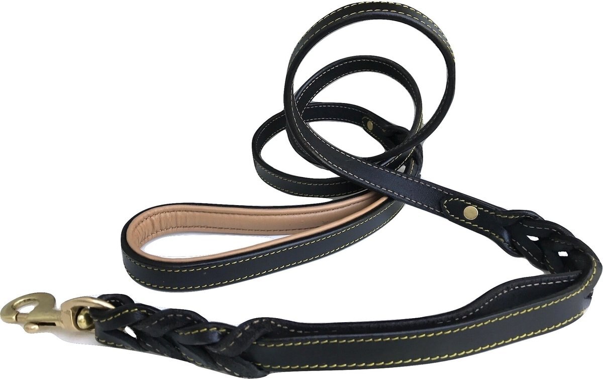 SOFT TOUCH COLLARS Leather Braided Traffic Handle Dog Leash, Black, 6