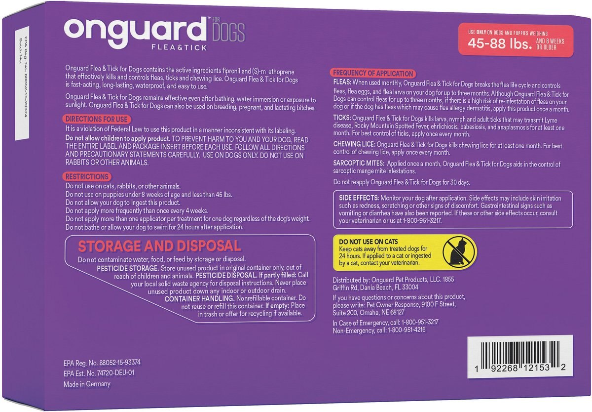 ONGUARD Flea & Tick Treatment for Dogs, 4588 lbs, 6 treatments