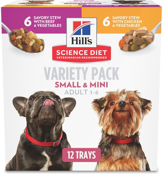 Hill's Science Diet Adult Small Paws Chicken & Vegetables & Beef & Vegetables Variety Pack Wet Dog Food Trays, 3.5 oz, case of 12 slide 1 of 9