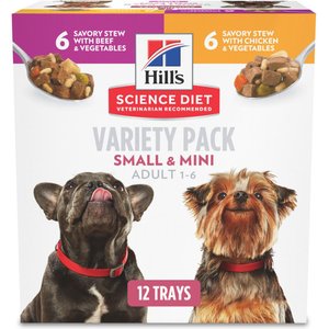 Hill’s Science Diet Adult Small Paws Chicken & Vegetables & Beef & Vegetables Variety Pack Wet Dog Food Trays, 3.5 oz, case of 12