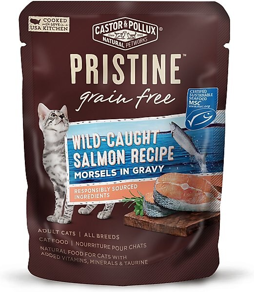 Castor & Pollux PRISTINE Grain-Free Wild-Caught Salmon Recipe Morsels in Gravy Cat Food Pouches, 3-oz, case of 24 slide 1 of 6