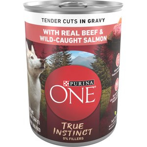 Purina ONE SmartBlend True Instinct Tender Cuts in Gravy with Real Beef & Wild-Caught Salmon Canned Dog Food, 13-oz, case of 12