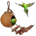 SunGrow Coconut Shell Nest & Window Feeder with Ladder Perch Cage Accessory & Hanging Parakeet, Finch & Budgie Bird House