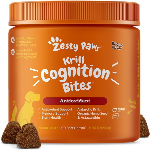 Zesty Paws Krill Cognition Bites Bacon Flavored Soft Chews Brain & Nervous System Supplement for Dogs, 90 count slide 1 of 9