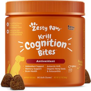 Zesty Paws Krill Cognition Bites Bacon Flavored Soft Chews Brain & Nervous System Supplement for Dogs, 90 count
