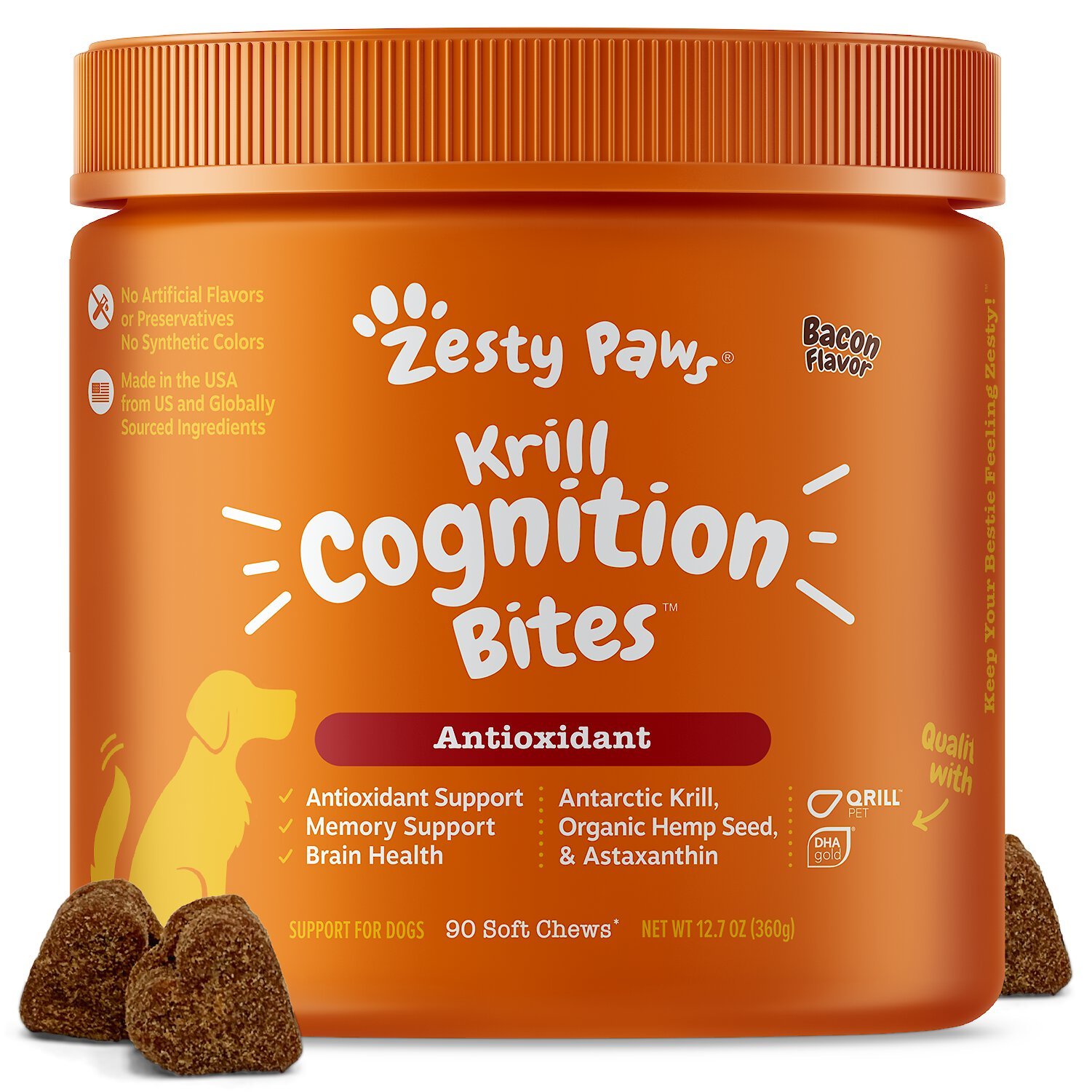 ZESTY PAWS Krill Cognition Bites Bacon Flavored Soft Chews Brain ...