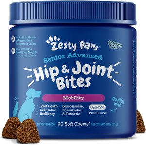 Zesty Paws Advanced Mobility Bites Chicken Flavored Soft Chews Hip & Joint Supplement for Senior Dogs, 90 count