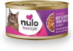 Nulo Freestyle Shredded Beef & Rainbow Trout in Gravy Grain-Free Canned Cat & Kitten Food, 3-oz, case of 24
