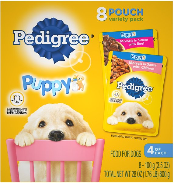 Pedigree Puppy Variety Pack Morsels in Sauce with Beef & Chicken Adult Wet Dog Food Pouches, 3.5-oz, pack of 8 slide 1 of 9