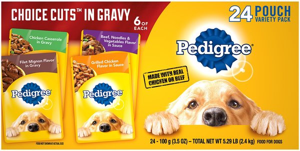 Pedigree Choice Cuts in Gravy Variety Pack Filet Mignon, Grilled Chicken, Chicken Casserole & Beef Noodle Adult Wet Dog Food Pouches, 3.5-oz, case of 24 slide 1 of 8