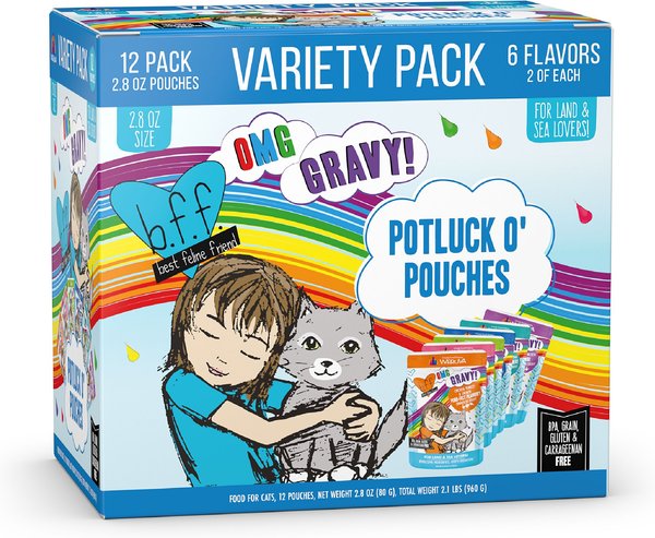 BFF OMG Potluck O' Pouches Variety Pack Grain-Free Cat Food Pouches, 2.8-oz, pack of 12 slide 1 of 10