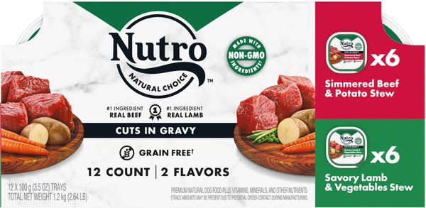 Nutro Grain-Free Simmered Beef Stew & Savory Lamb Stew Cuts in Gravy Variety Pack Adult Dog Food Trays, 3.5-oz, case of 12 slide 1 of 9