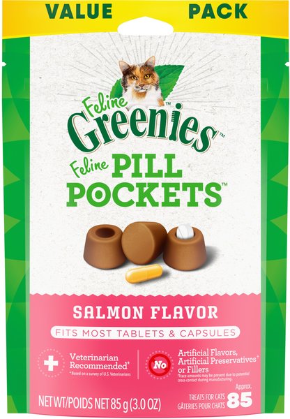 Greenies Pill Pockets Feline Natural Salmon Flavor Soft Adult Cat Treats, 85 count slide 1 of 9