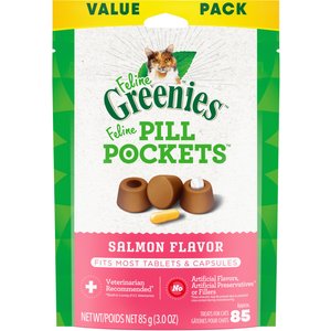 Greenies Pill Pockets Feline Natural Salmon Flavor Soft Adult Cat Treats, 85 count