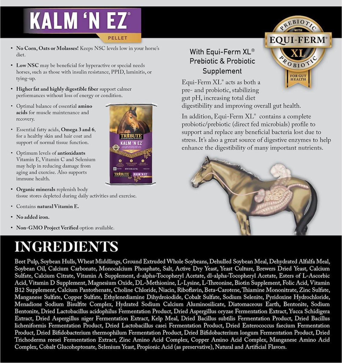 TRIBUTE EQUINE NUTRITION Kalm N' EZ Pellet LowNSC, MolassesFree Horse Feed, 50lb bag
