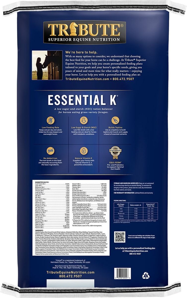TRIBUTE EQUINE NUTRITION Essential K LowNSC Horse Feed, 50lb bag