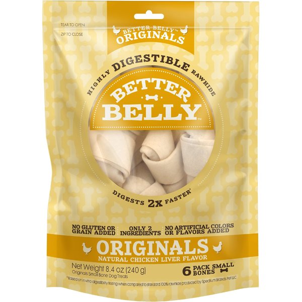 BETTER BELLY Chicken Liver Flavor Rawhide Bone Dog Treats, 6 count