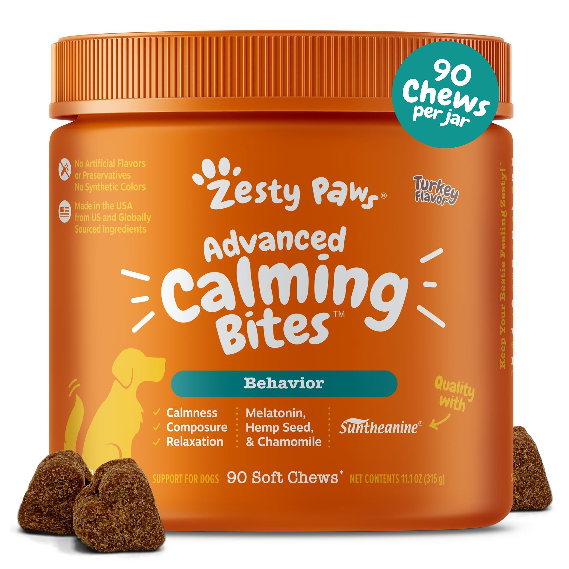 ZESTY PAWS Advanced Hemp Melatonin Calming Bites Turkey Flavored Soft ...