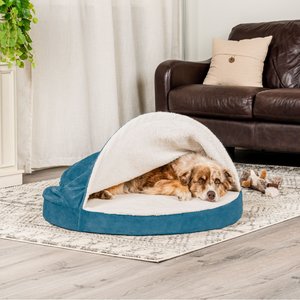 FurHaven Faux Sheepskin Snuggery Orthopedic Cat & Dog Bed with Removable Cover, Blue, 35-in