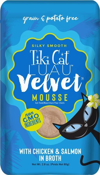 Tiki Cat Velvet Mousse Chicken & Salmon Grain-Free Wet Cat Food, 2.8-oz pouch, case of 12 slide 1 of 8