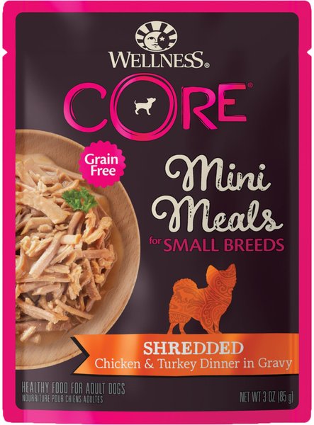 WELLNESS CORE Grain Free Small Breed Mini Meals Shredded Chicken Turkey in Gravy Dog Food Pouches 3 oz case of 12 Chewy