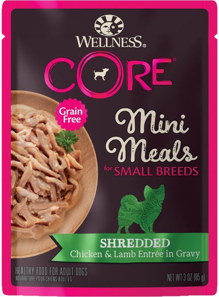 Wellness CORE Grain-Free Small Breed Mini Meals Shredded Chicken & Lamb in Gravy Dog Food Pouches, 3-oz, case of 12 slide 1 of 9