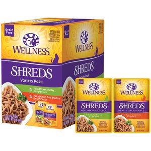 Wellness Healthy Indulgence Shreds Grain-Free Variety Pack Cat Food Pouches, 3-oz, case of 32