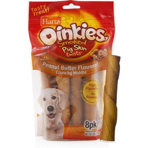 Hartz Oinkies 5" Pig Skin Twists with Peanut Butter Flavor Crunchy Middle Dog Treats, 8 count