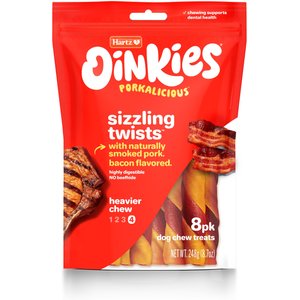 Hartz Oinkies Smoked Pig Skin Twists Bacon Flavor Wrap Dog Treats, 8 count