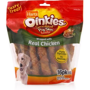 Hartz Oinkies Smoked Pig Skin Twist Wrapped with Real Chicken Dog Treats, 16 count